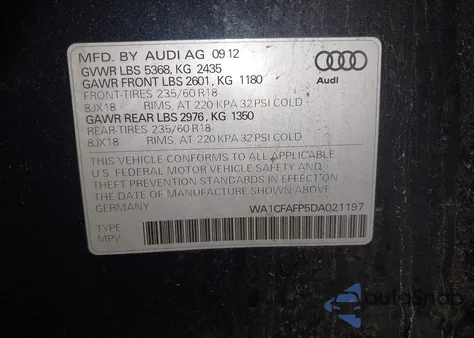 2013 Audi Q5 2.0T Premium from USA, damaged, VIN WA1CFAFP5DA021197